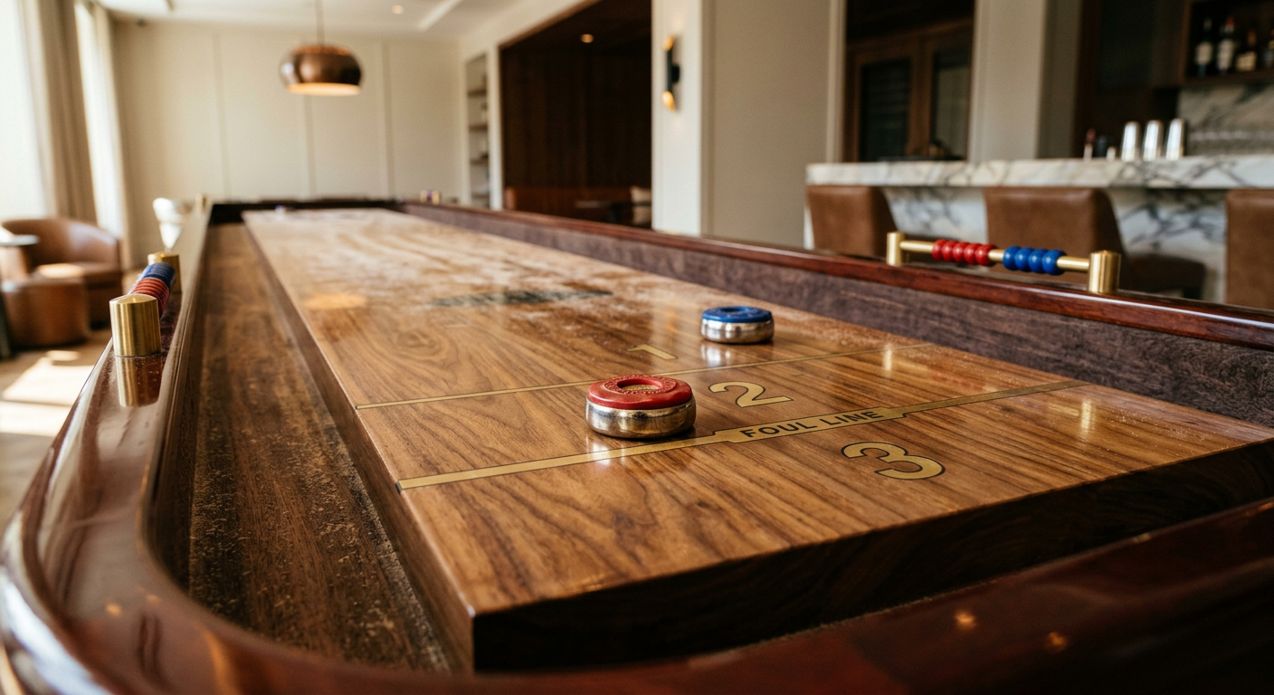 Photorealistic close-up of a handcrafted shuffleboard playing surface with rich wood grain, polished rails, weighted pucks...
