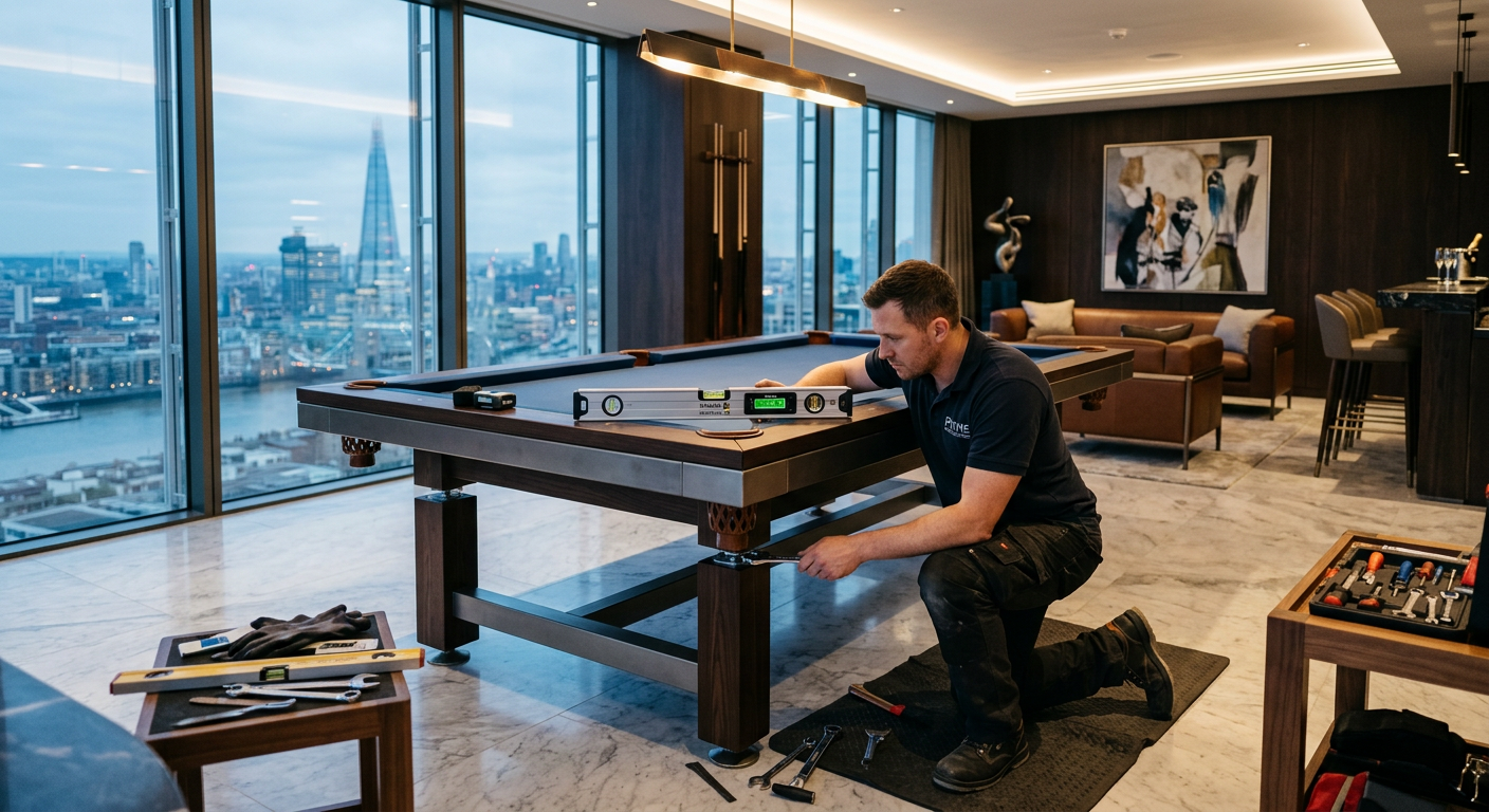 Interior installation scene showing a luxury pool table being leveled in a modern penthouse game room, installer using pro...