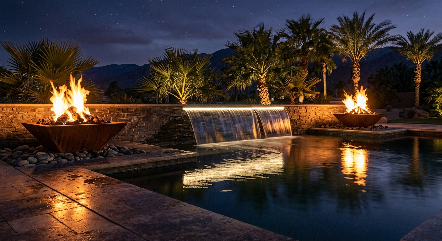 A close-up photorealistic scene of fire bowls flanking a modern pool with sheet waterfalls, glowing reflections on dark wa...