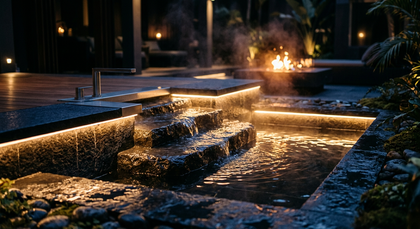 Photorealistic close-up of a luxury spa water feature at night with glowing LED accents, smooth stone surfaces, subtle ste...