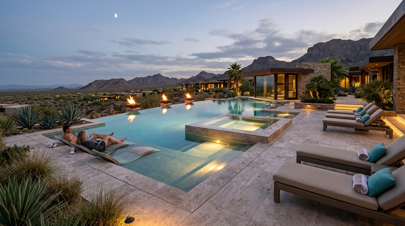 Wide-angle photorealistic image of a modern spa blending into a luxury pool and travertine patio, with matching materials,...