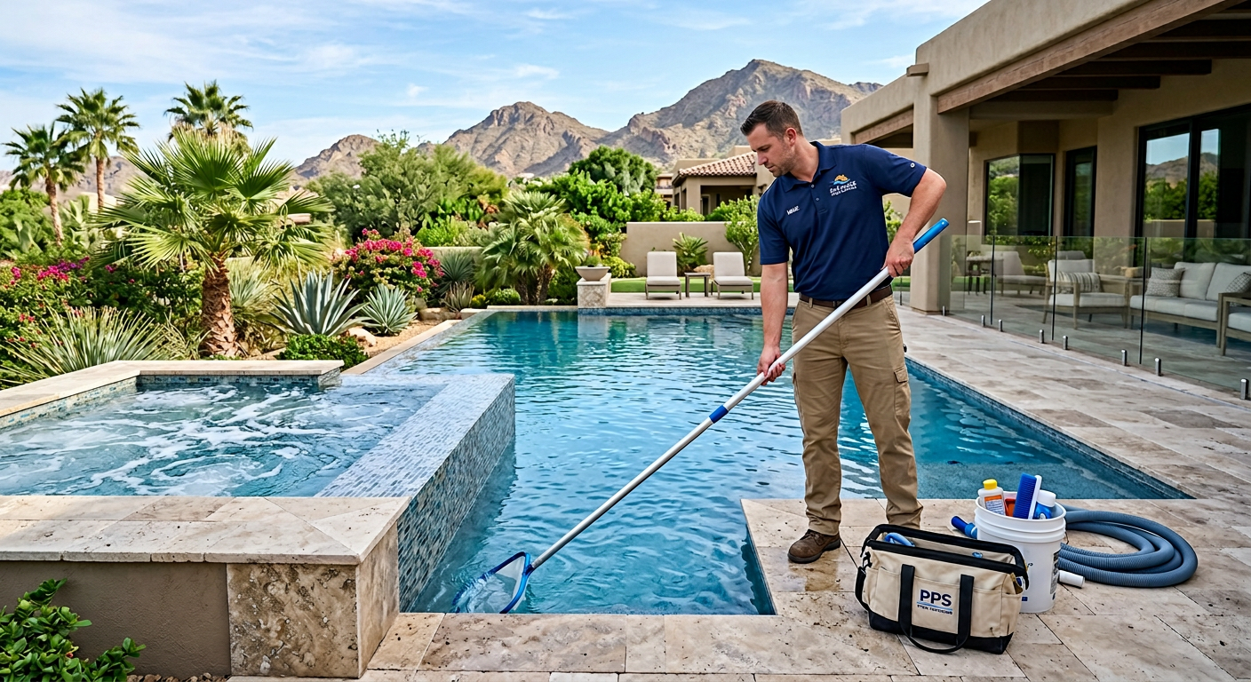 High-end pool technician performing weekly maintenance beside a luxury spa and pool in a Paradise Valley backyard, photore...