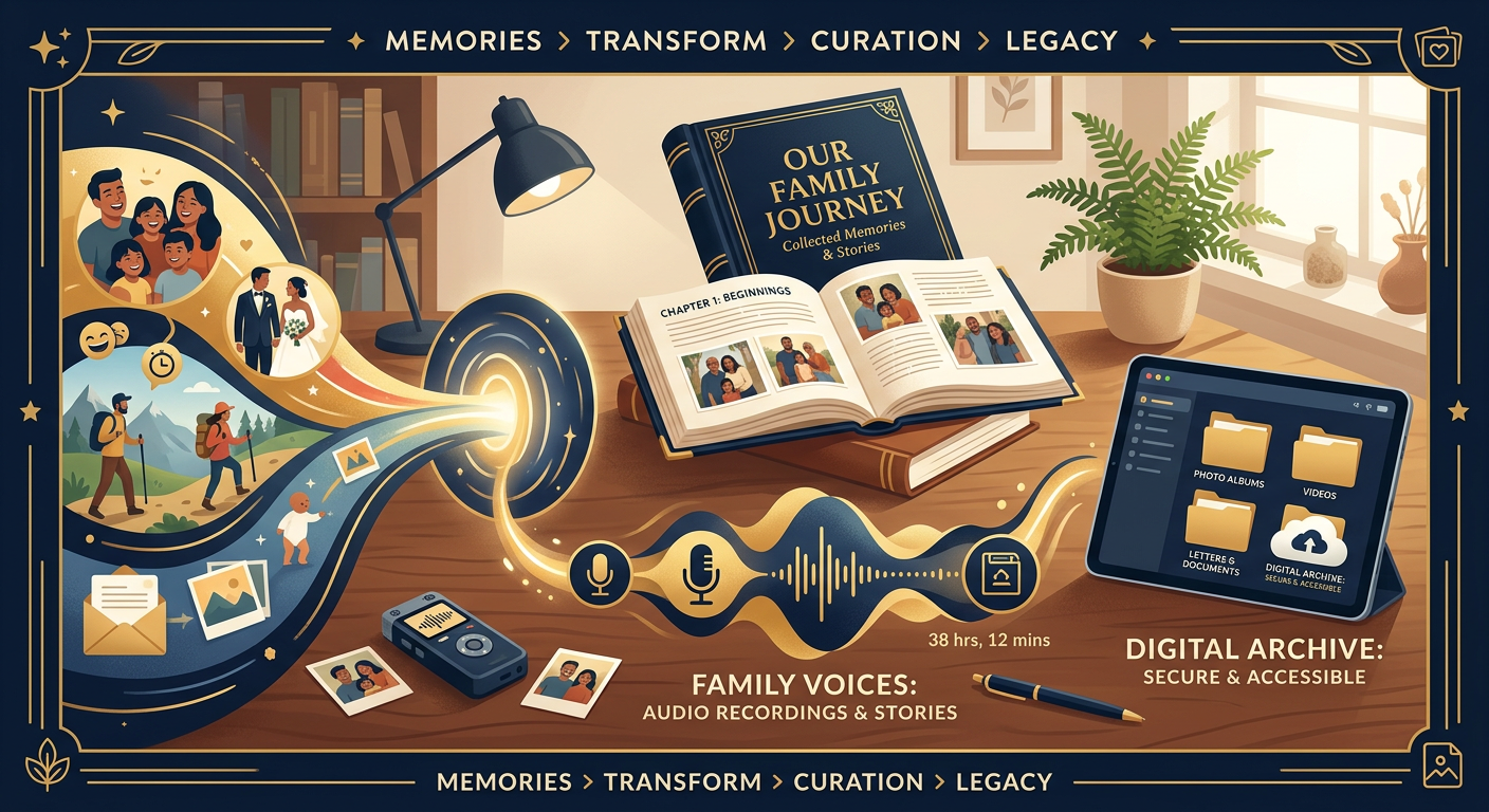 Modern illustrative scene showing a timeline of family memories transforming into a polished book, audio waveform, and dig...