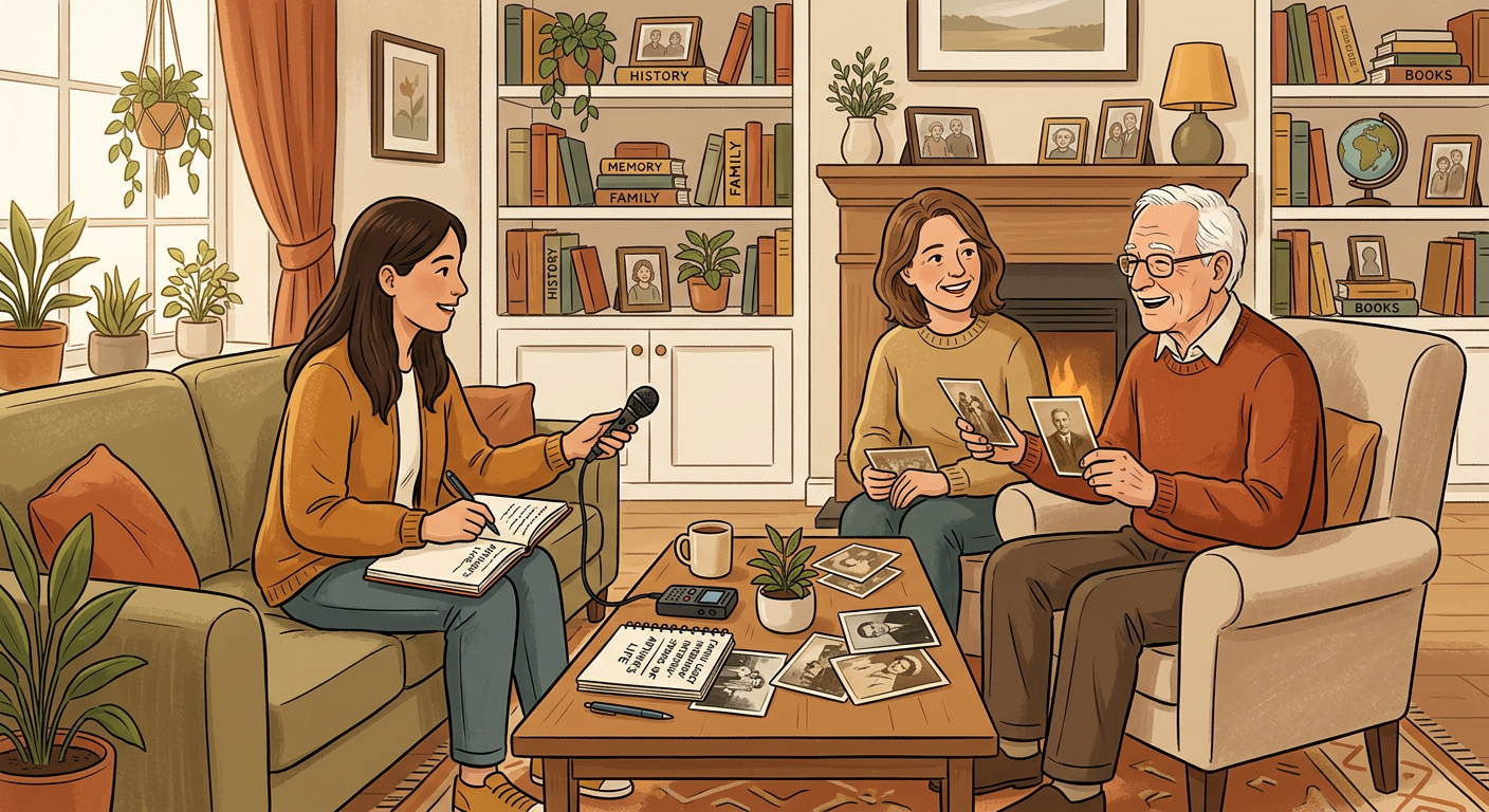 Modern editorial-style illustration of a family legacy interview in progress, with a notebook, microphone, printed photos,...