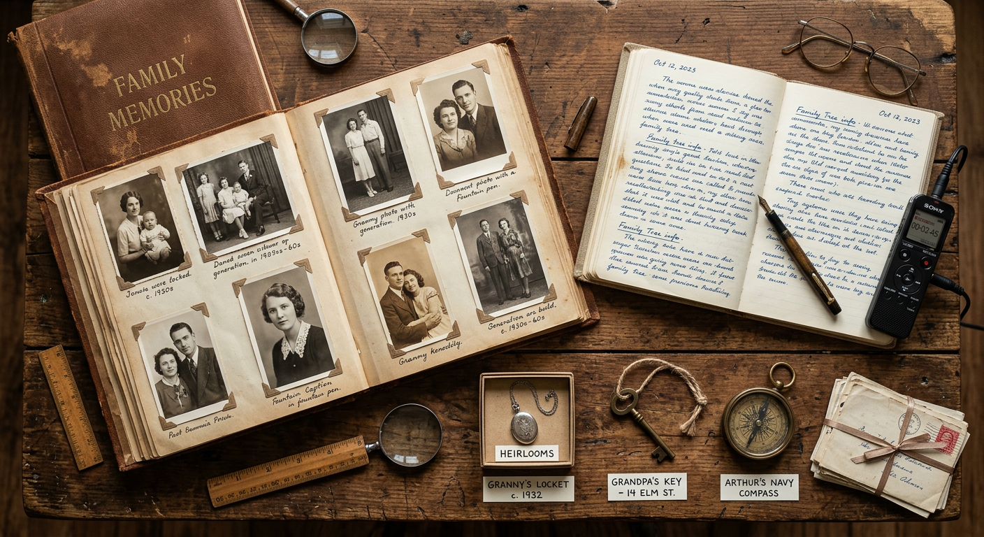 A close-up, photorealistic tabletop scene of an old photo album, handwritten notes, a small digital recorder, and labeled ...