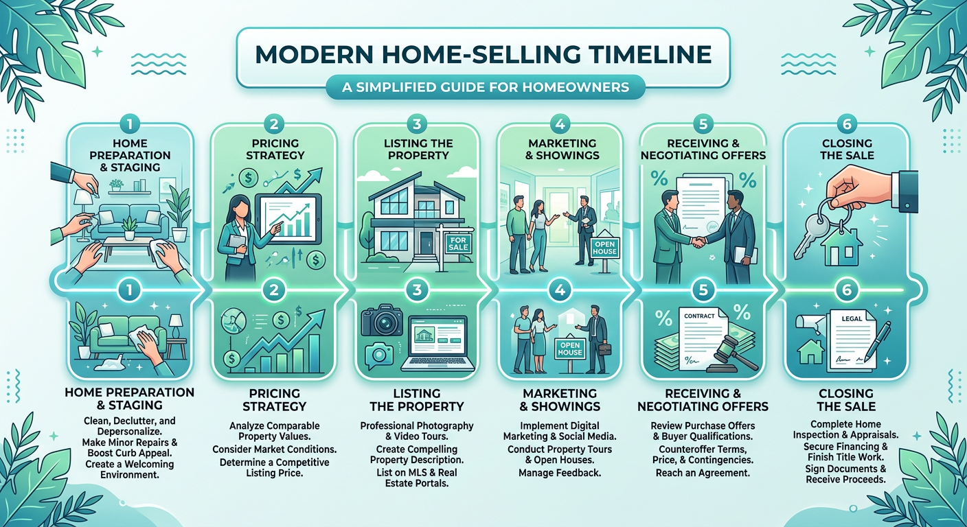 Modern real estate infographic style visual showing a simplified home-selling timeline with staging, pricing, listing, sho...