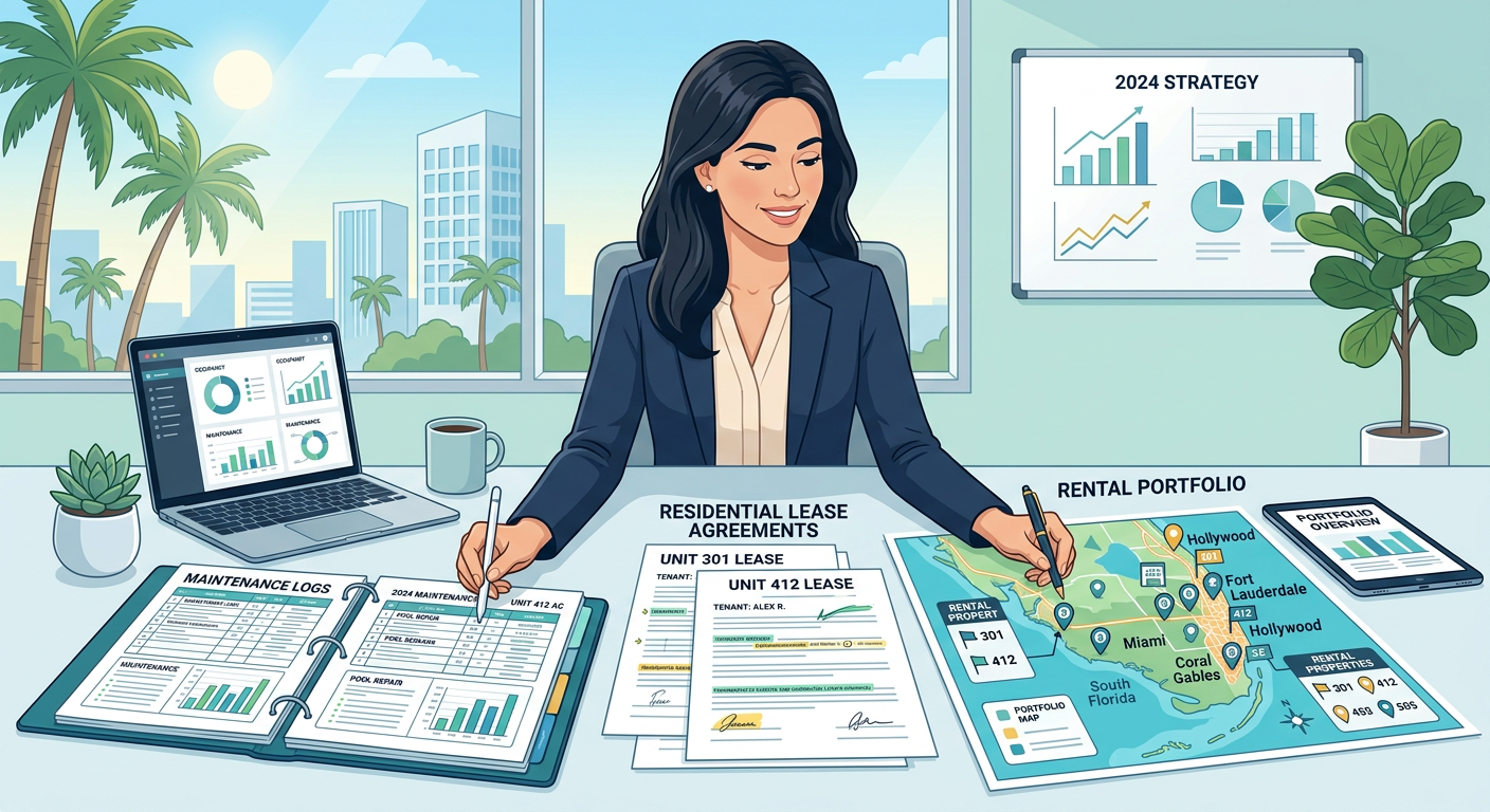 Modern illustrative scene showing a property manager comparing maintenance logs, lease documents, and a neighborhood map o...