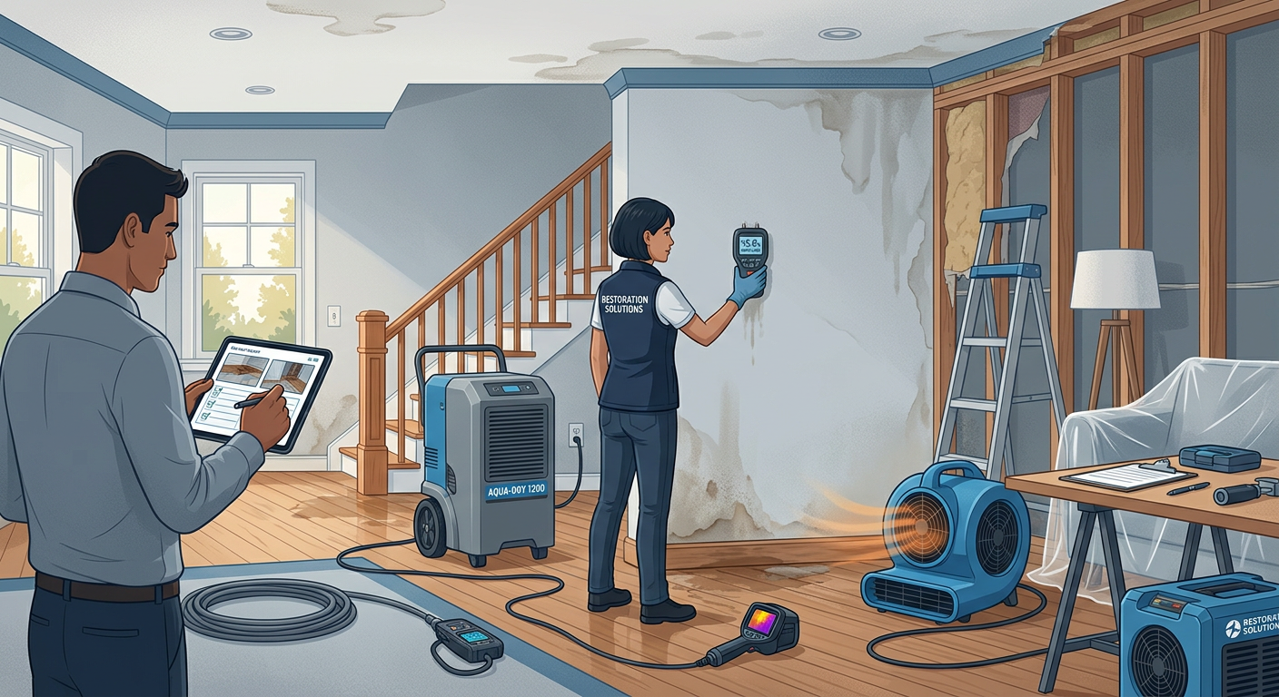 Modern editorial illustration of a water-damaged home being assessed with moisture meters, photos, and drying equipment, c...