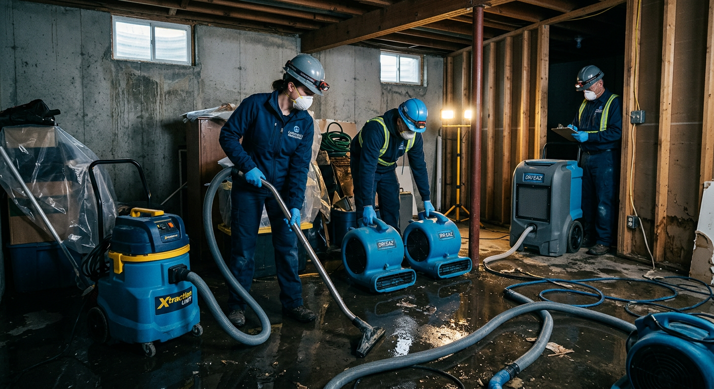 Modern restoration crew using extraction vacuums, air movers, and dehumidifiers in a partially flooded Carbondale basement...
