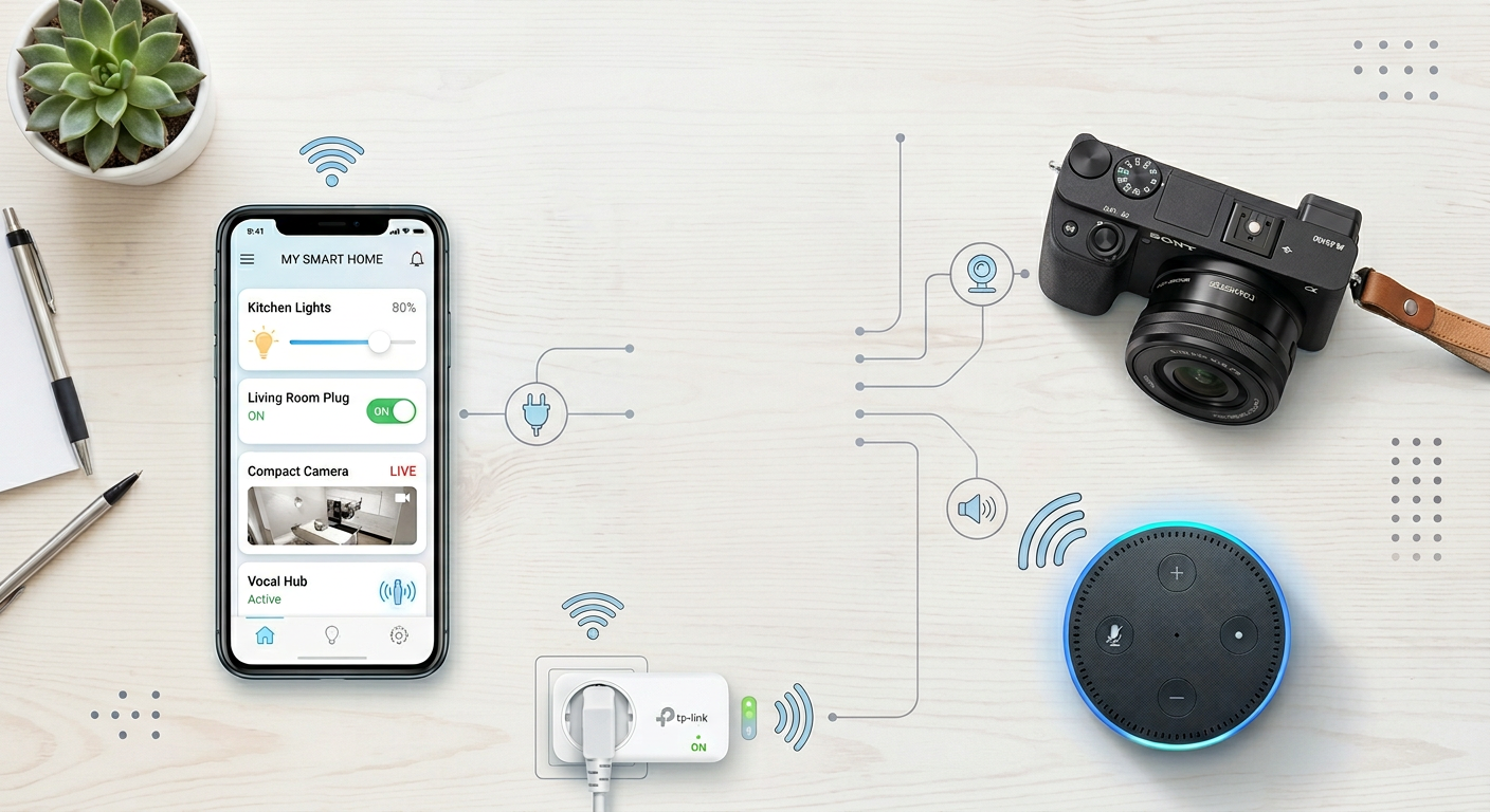 A flat-lay style scene showing a phone controlling smart lights, a smart plug, a compact camera, and a voice assistant spe...