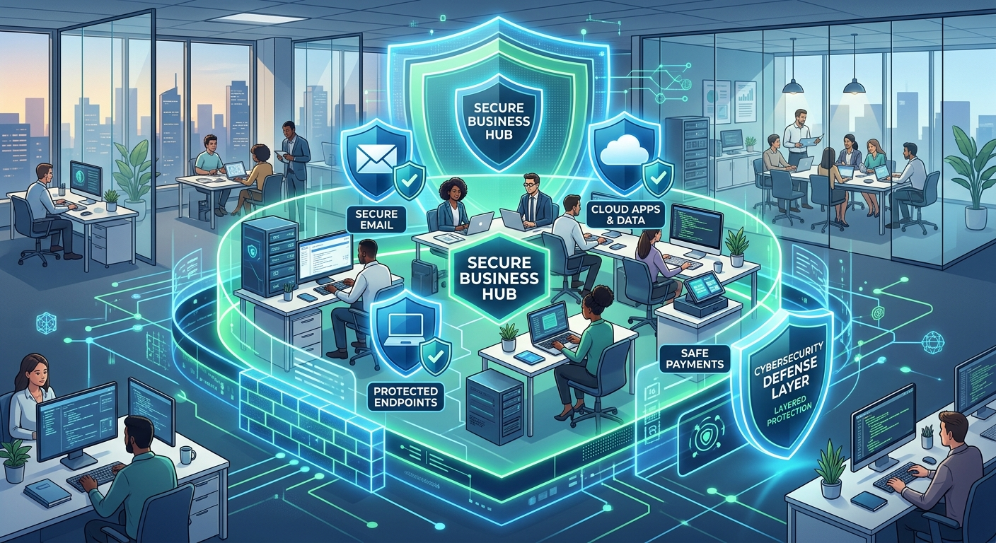 Modern illustration of layered cybersecurity defenses around a small business, with shield icons protecting email, cloud a...