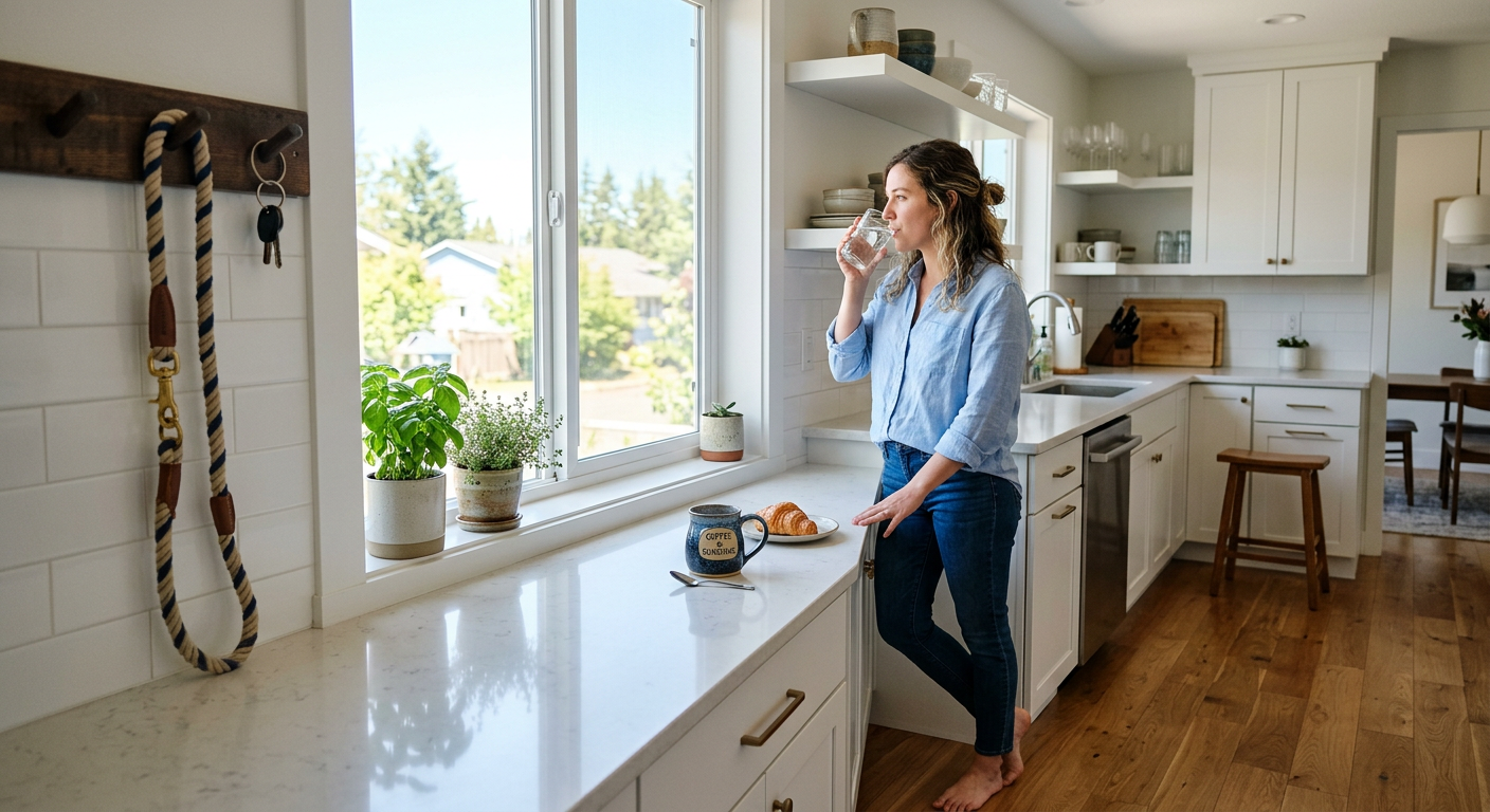 A clean, modern kitchen scene with a person drinking water by a bright window, a coffee mug nearby, and a leash hanging on...
