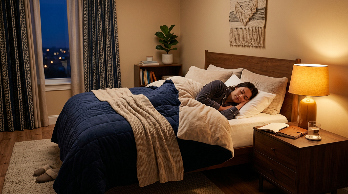 A peaceful evening contrast scene showing a tidy bedroom with dim lighting, a journal on the nightstand, curtains partly c...