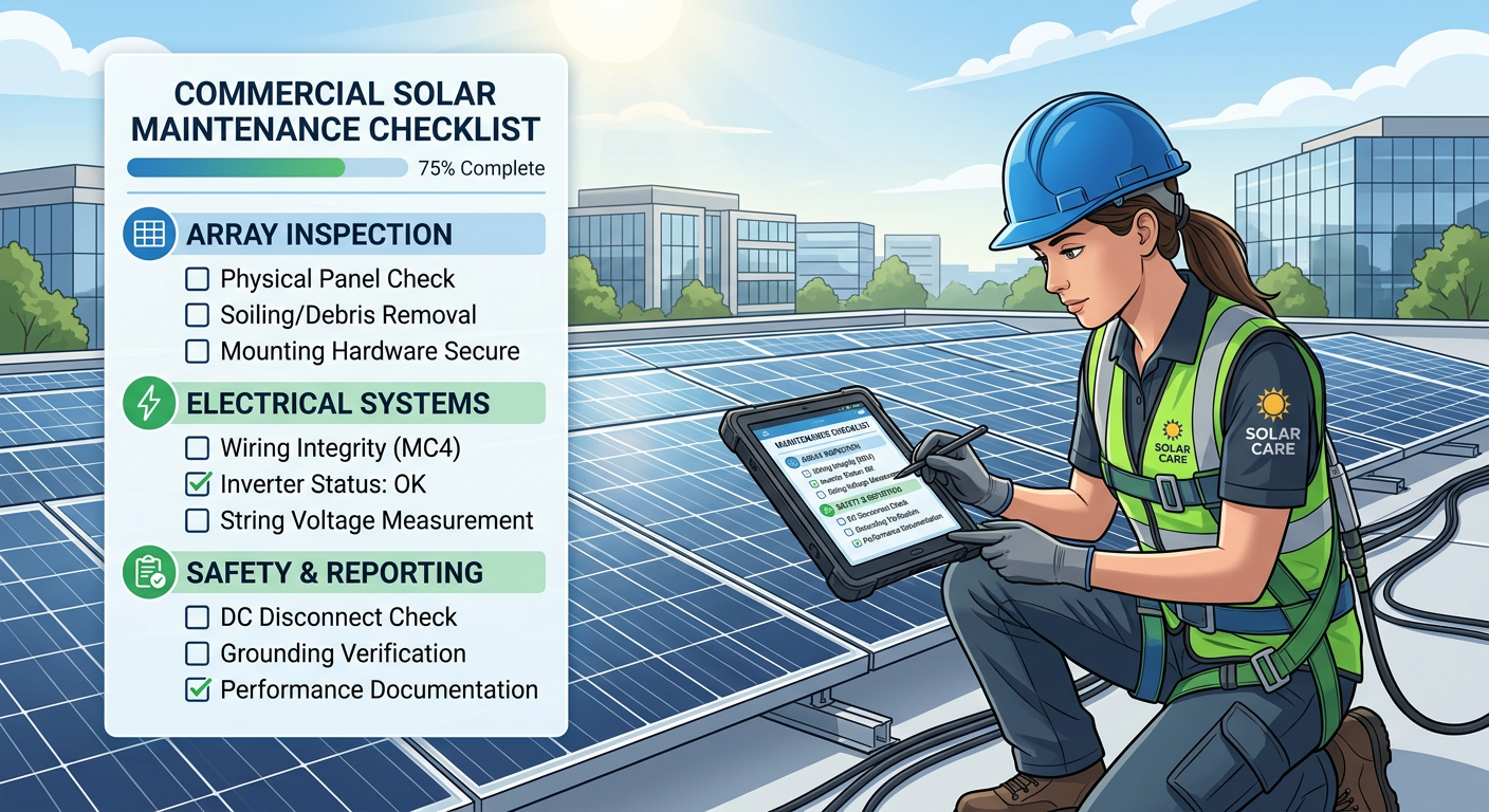 Independent Solar | Commercial Solar Maintenance And Repair Services That Protect ROI Modern illustrative scene of a commercial solar maintenance checklist overlaying a rooftop system, with a technician using...