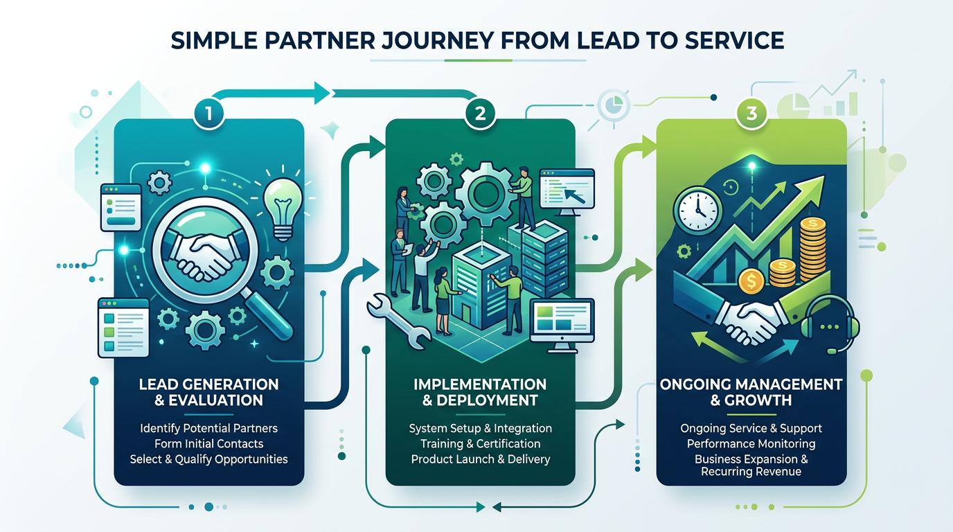 Modern infographic-style scene showing a simple partner journey from lead to install to long-term service, with three conn...