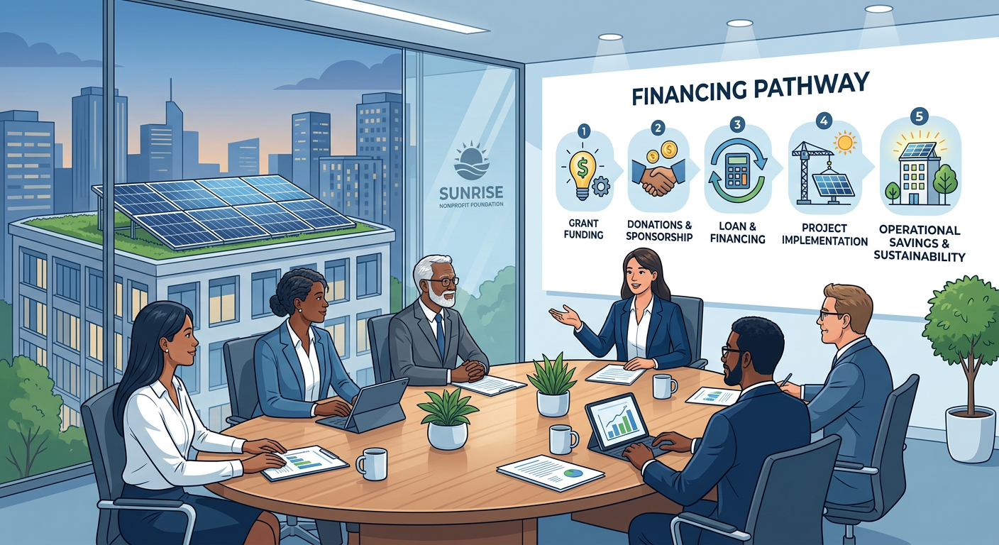 Independent Solar | Commercial Solar Financing Options for Non-Profits That Work Modern illustrative scene of a nonprofit boardroom with a rooftop solar system overlay and simple financing pathway icons,...