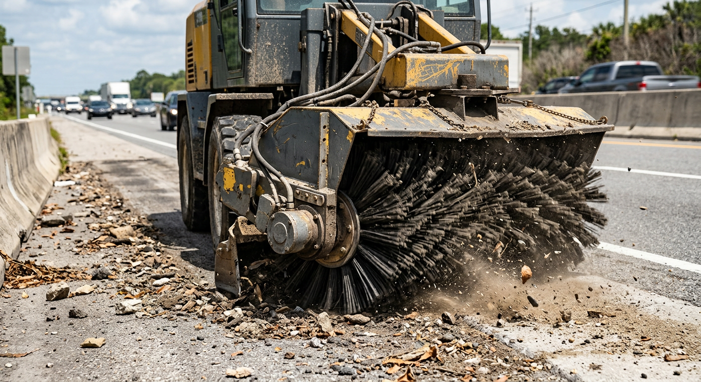 Close-up photorealistic view of a rugged mechanical broom sweeper clearing heavy debris beside a highway shoulder, industr...