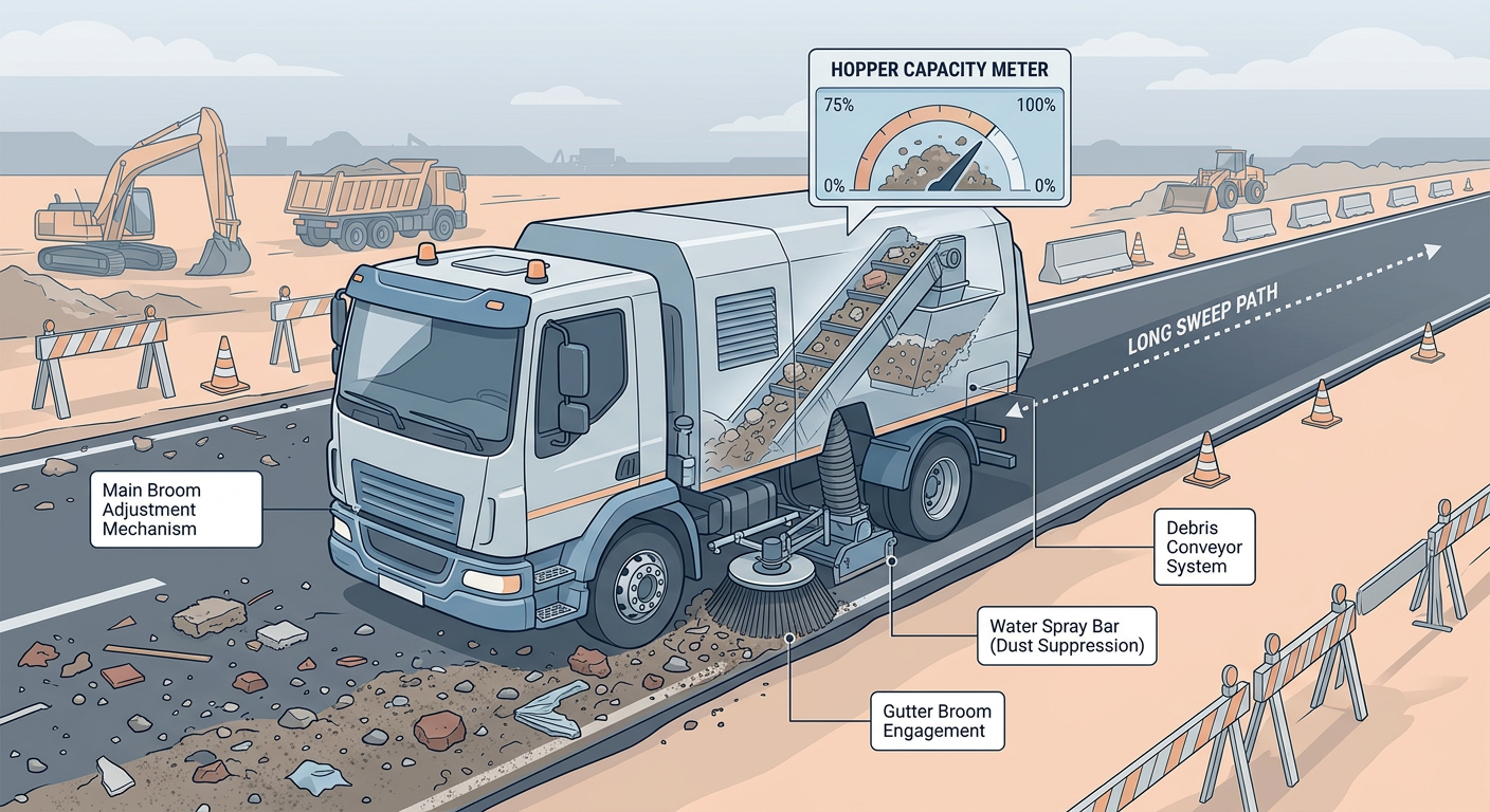 Detailed modern illustration of a mechanical broom street sweeper picking up heavy debris while a hopper capacity meter an...