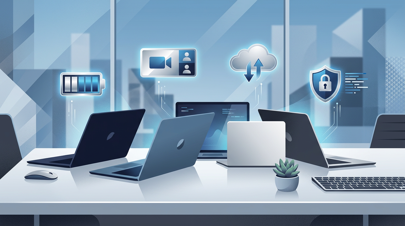 Modern editorial illustration of several laptop silhouettes arranged on a desk with icons for battery, video calls, cloud ...