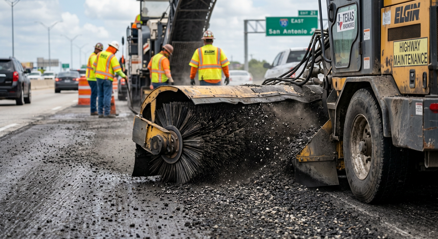 Close-up photorealistic view of asphalt milling debris being collected by a heavy-duty mechanical broom sweeper on a Texas...