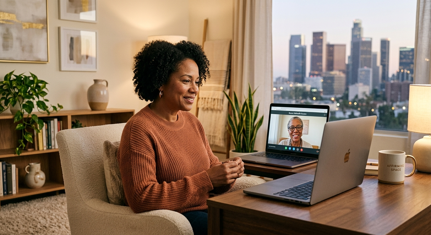A warm, modern telehealth therapy scene with a diverse adult client on a secure video call, subtle city skyline through a ...
