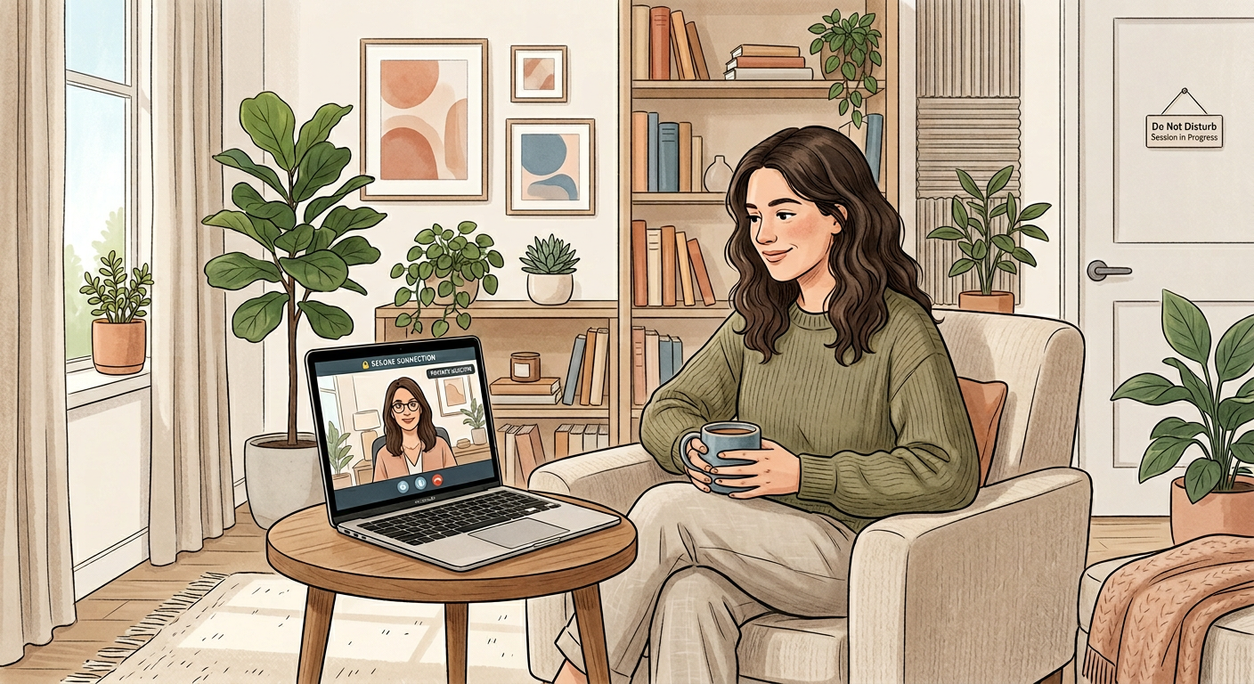 A modern, editorial-style illustration of a person seated comfortably at home during a secure video therapy session, with ...