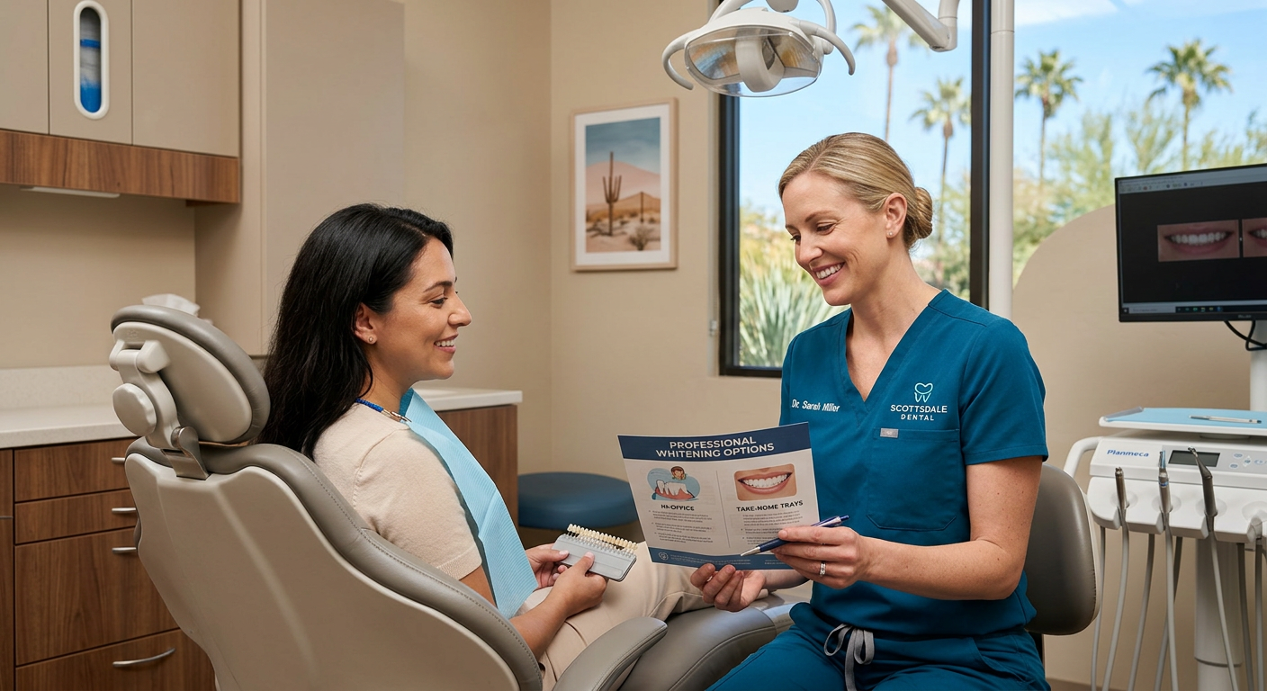 Close-up photorealistic scene of a friendly female dentist in a Scottsdale treatment room explaining whitening options to ...