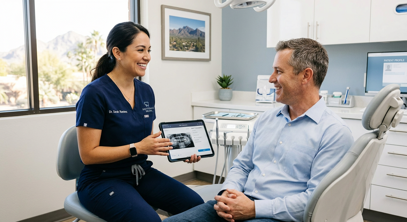 Friendly female dentist consulting with an adult male patient in a modern Scottsdale exam room, warm natural lighting, sub...