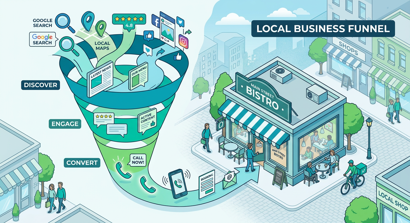 Modern isometric illustration of a local business visibility funnel with search icons, map pins, reviews, content blocks, ...