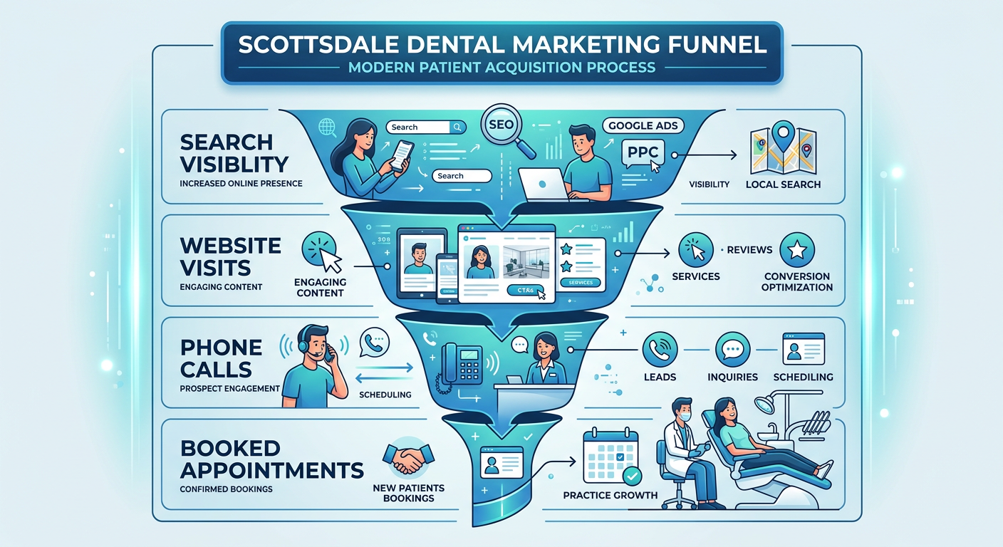 Modern infographic-style visual of a Scottsdale dental marketing funnel, showing search visibility leading to website visi...