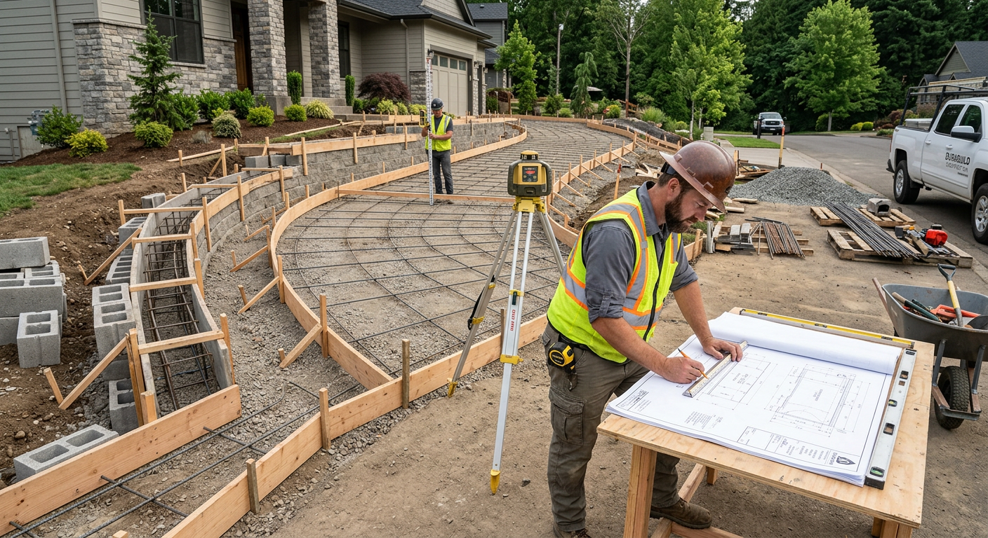 Modern photorealistic in-content image of a measuring layout for a concrete driveway and retaining wall system, with forms...