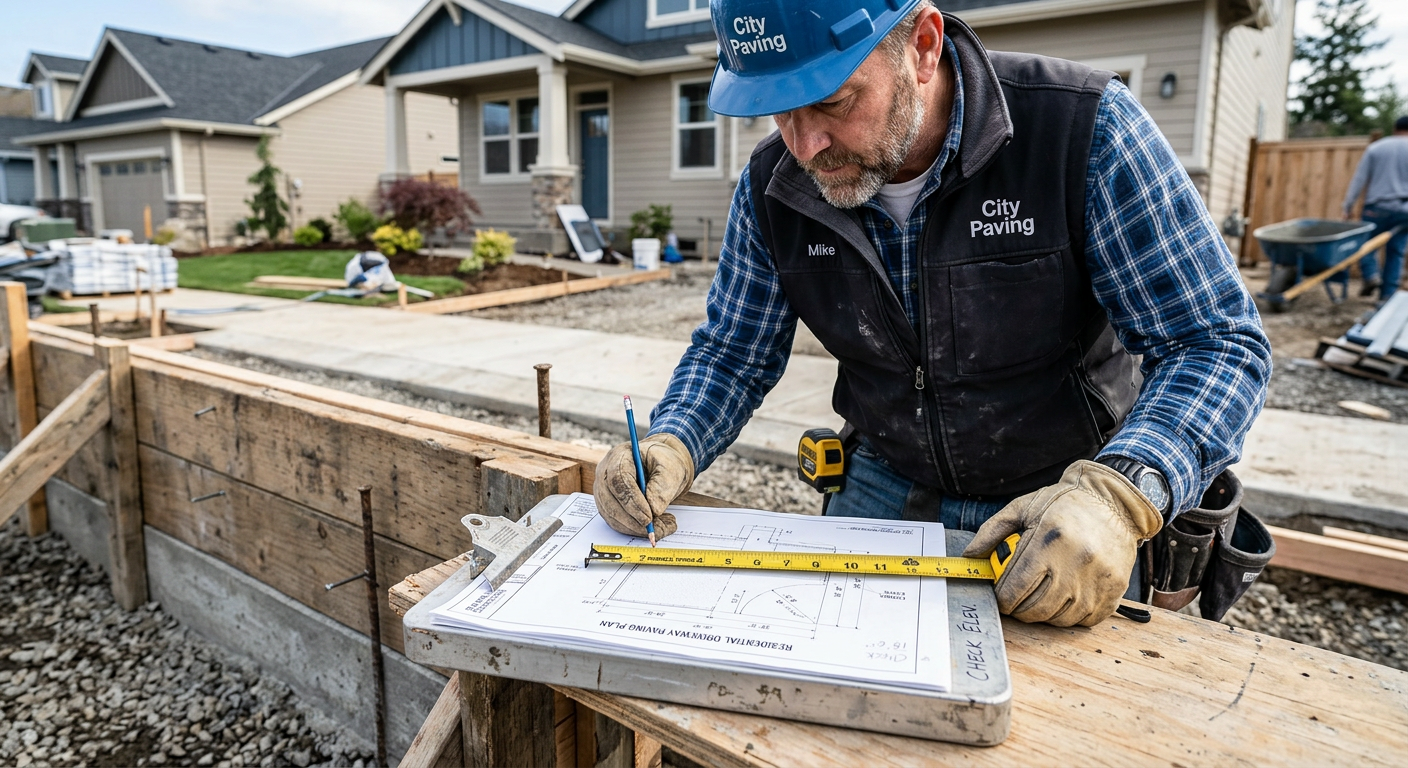 Photorealistic close-up of a contractor marking dimensions on a driveway plan with a measuring tape and clipboard near a c...