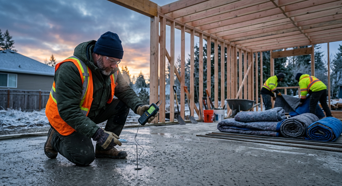 A close-up photorealistic image of a contractor checking slab and air temperatures with a digital thermometer at dawn, whi...
