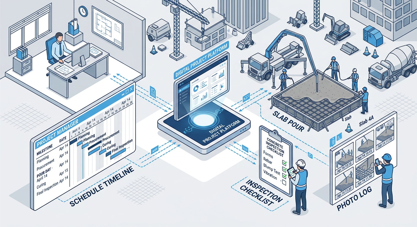 Modern isometric illustration of a concrete project workflow showing a slab pour, inspection checklist, photo log, and sch...