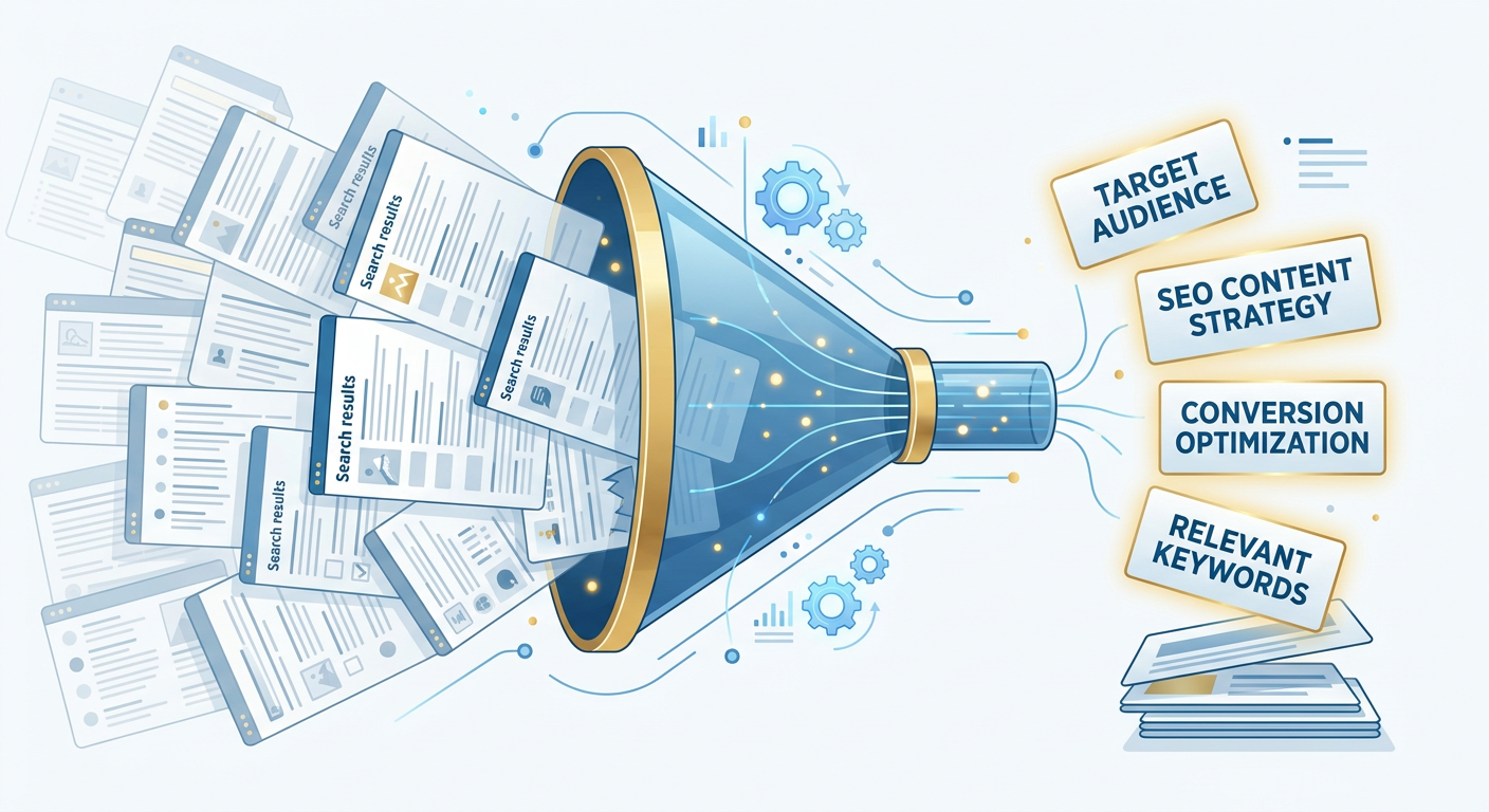 A modern editorial illustration of a search results page being filtered through a funnel, with fewer but more relevant key...