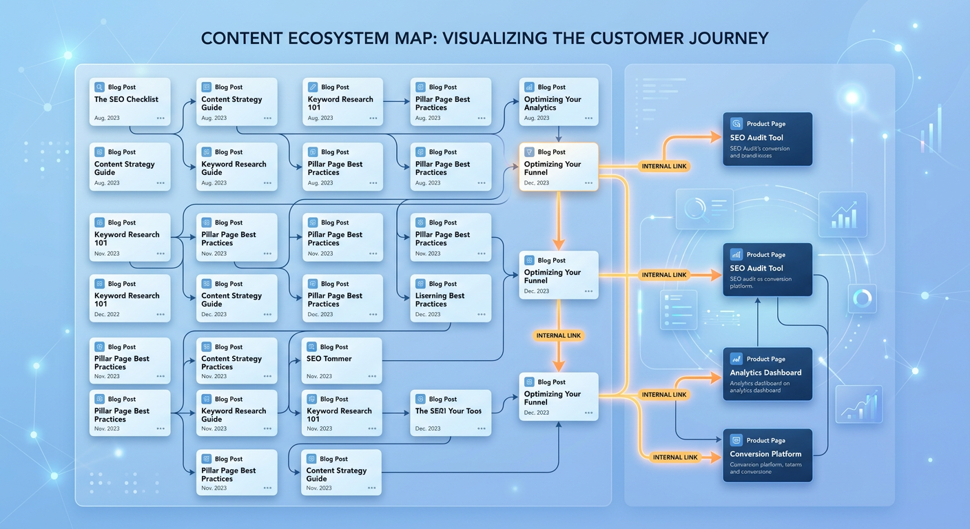 An illustrative overhead view of a content map with article cards, arrows, and highlighted internal links connecting blog ...