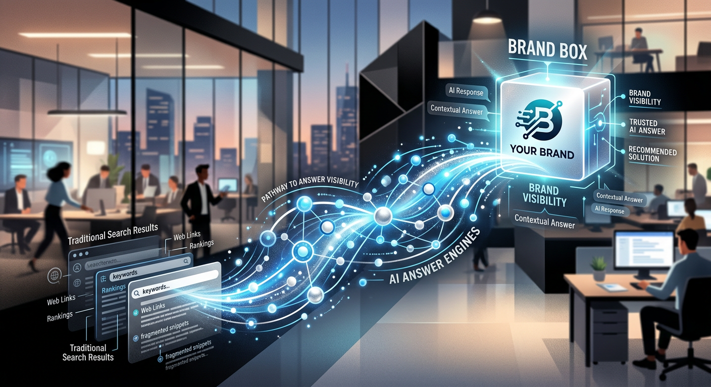 An abstract editorial illustration of search visibility shifting from traditional search results to AI answer engines, sho...