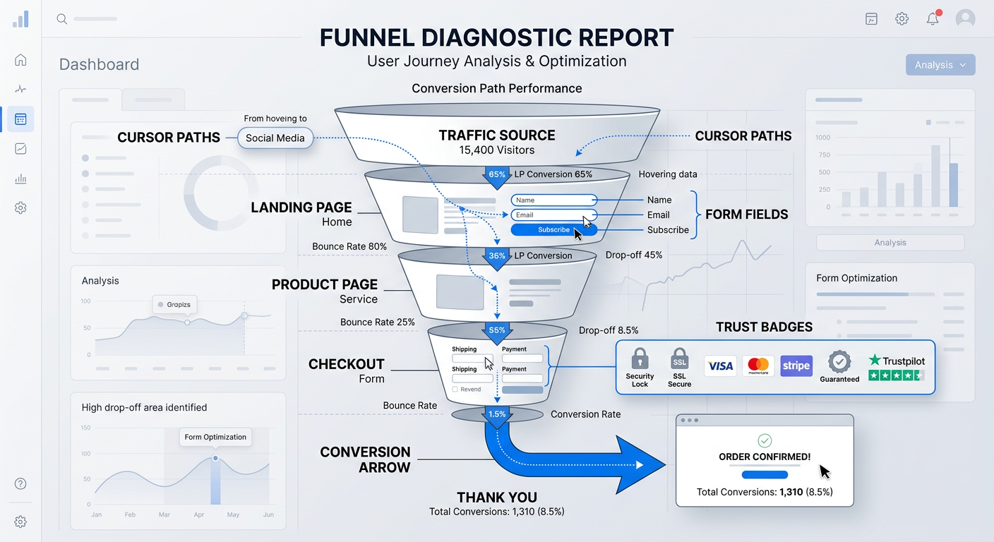 A clean modern illustration of a website funnel being examined like a diagnostic report, with cursor paths, form fields, t...