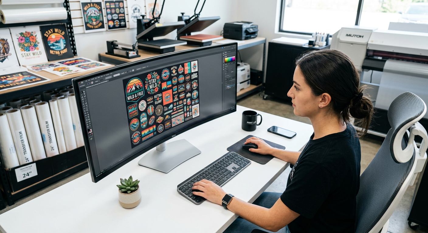 Modern overhead view of a designer building a DTF gang sheet on a computer monitor, with multiple shirt graphics arranged ...