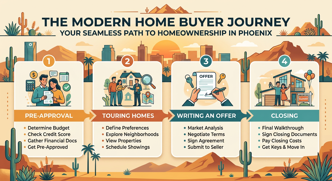 Modern infographic-style visual showing a simple buyer journey from pre-approval to touring homes to writing an offer and ...