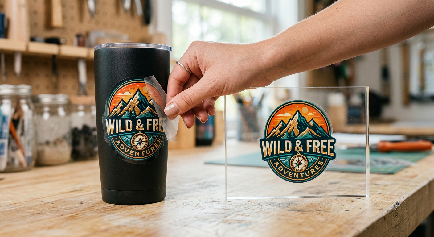 A close-up photorealistic product application scene showing a hand pressing a UV DTF sticker onto a matte black tumbler an...