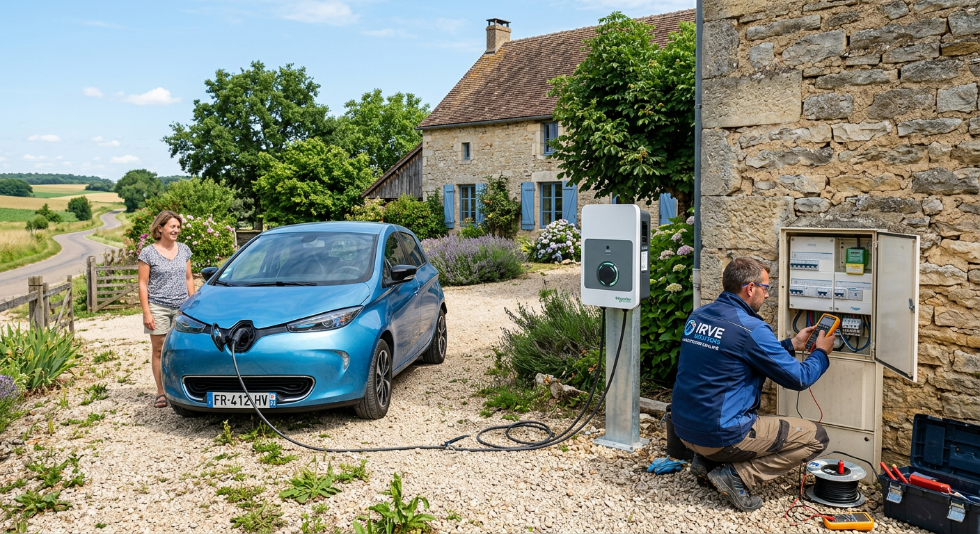Installation d'une borne de recharge électrique IRVE individuelle en zone rurale avec un professionnel vérifiant l'installation électrique.