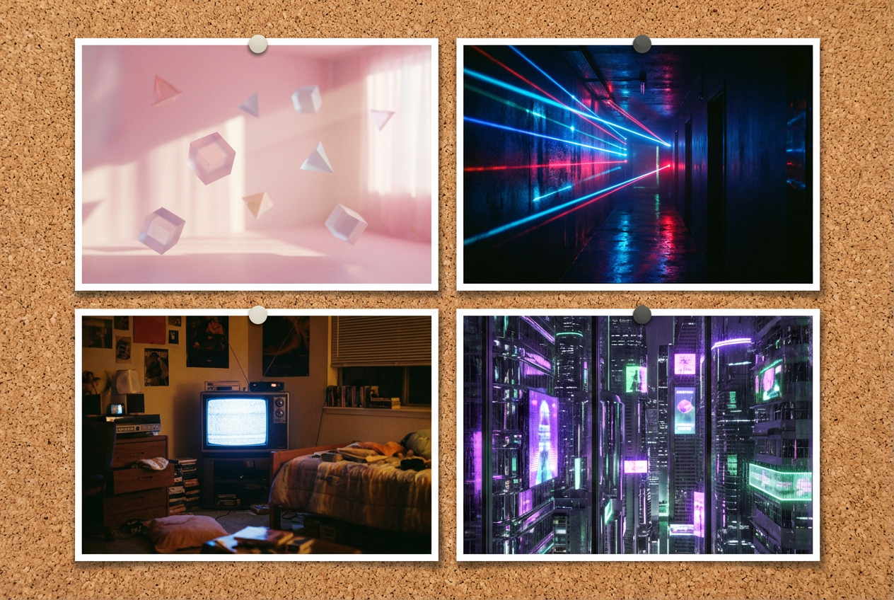 K-Pop visual aesthetic mood board showing neon-lit stage sets