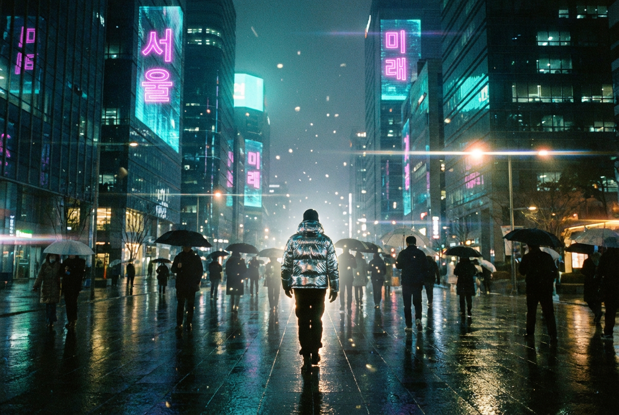 AI-generated K-Pop music video frame in cyberpunk style