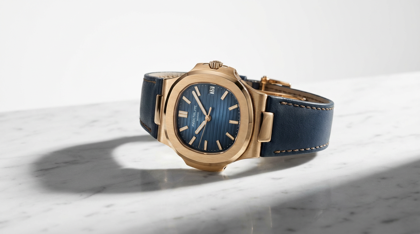 Professional product photography of a luxury watch on white marble surface with dramatic lighting and soft shadows