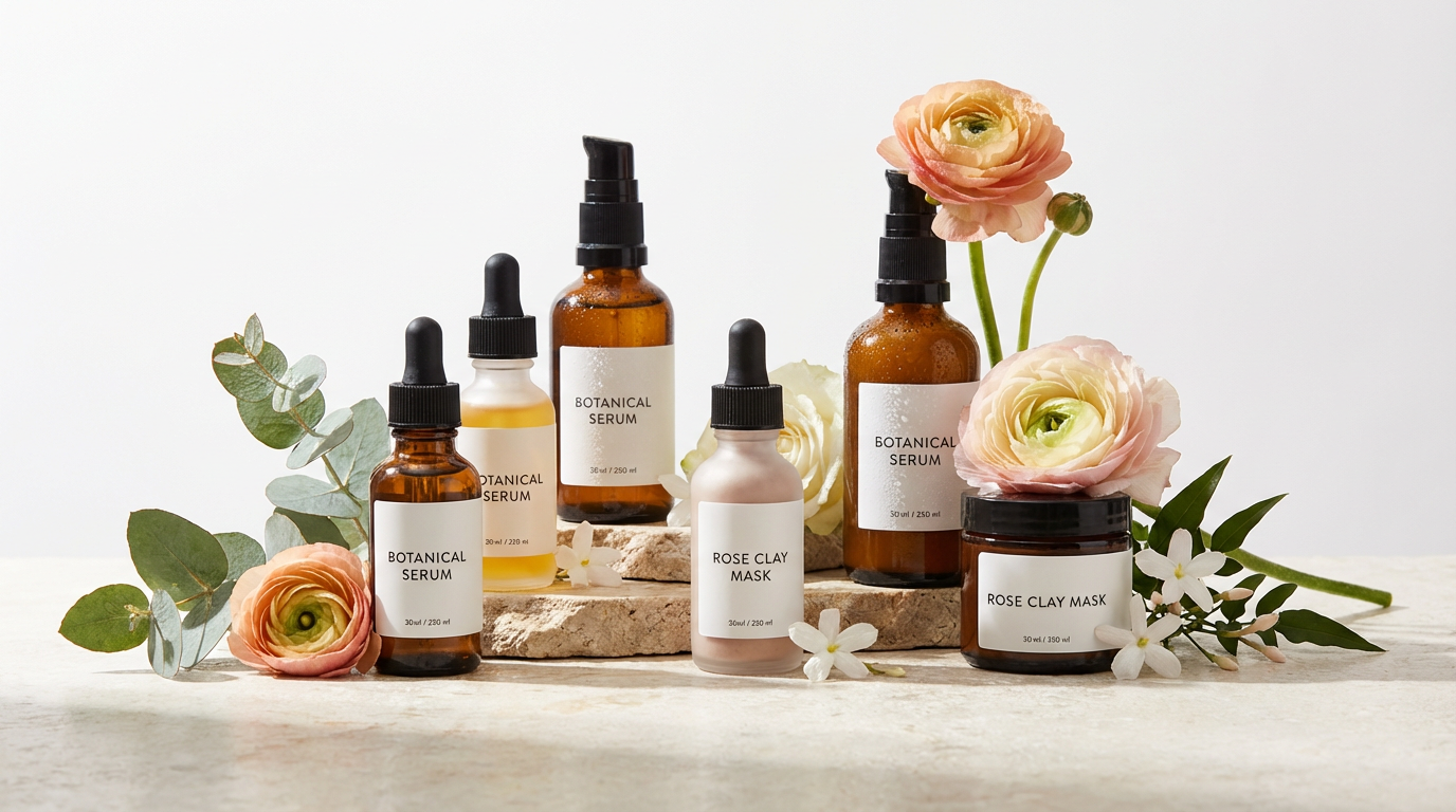 Ecommerce product photo of skincare bottles arranged elegantly with fresh flowers and natural lighting