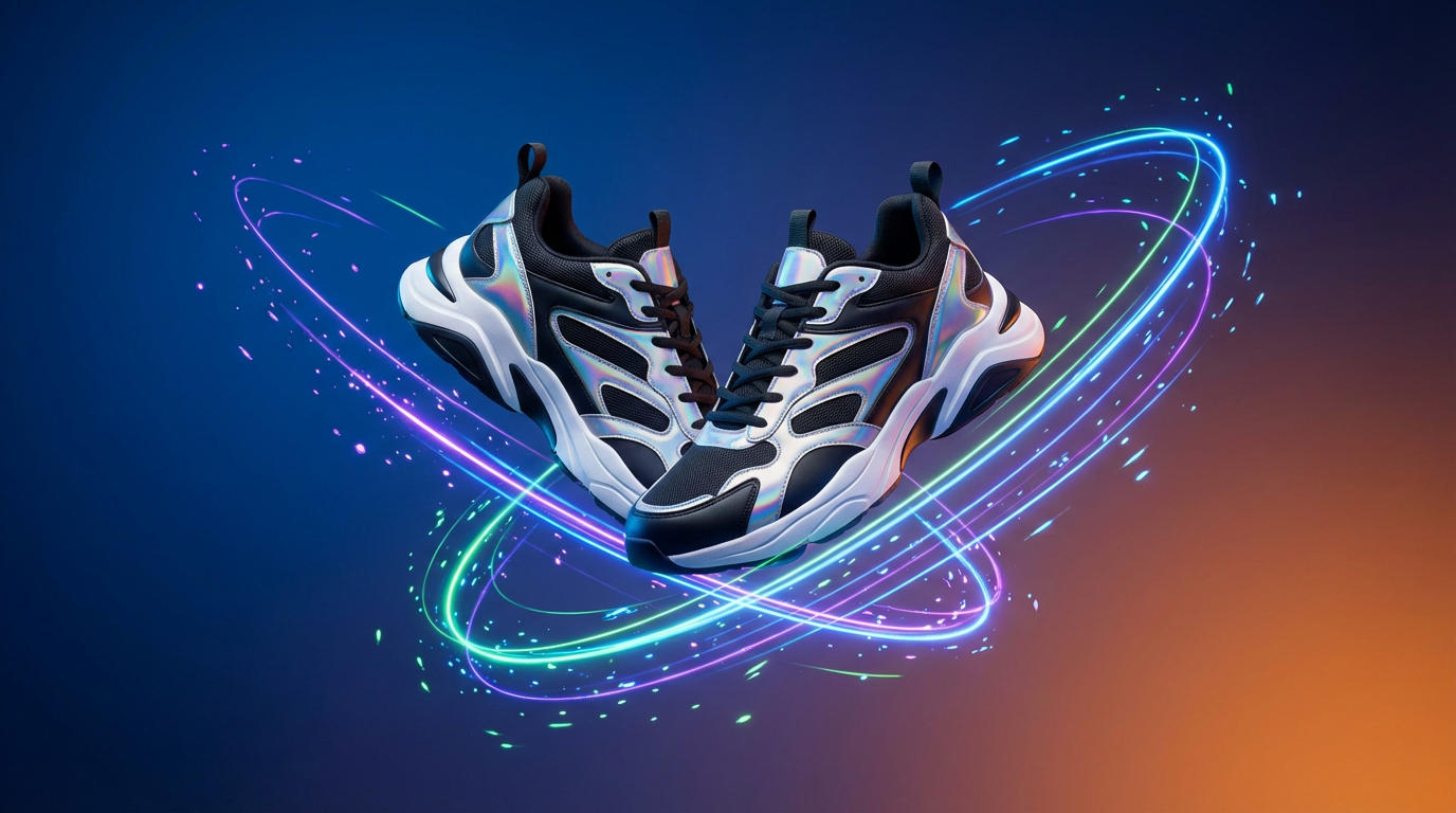 AI-generated product photography of sneakers floating with dynamic lighting effects and gradient background