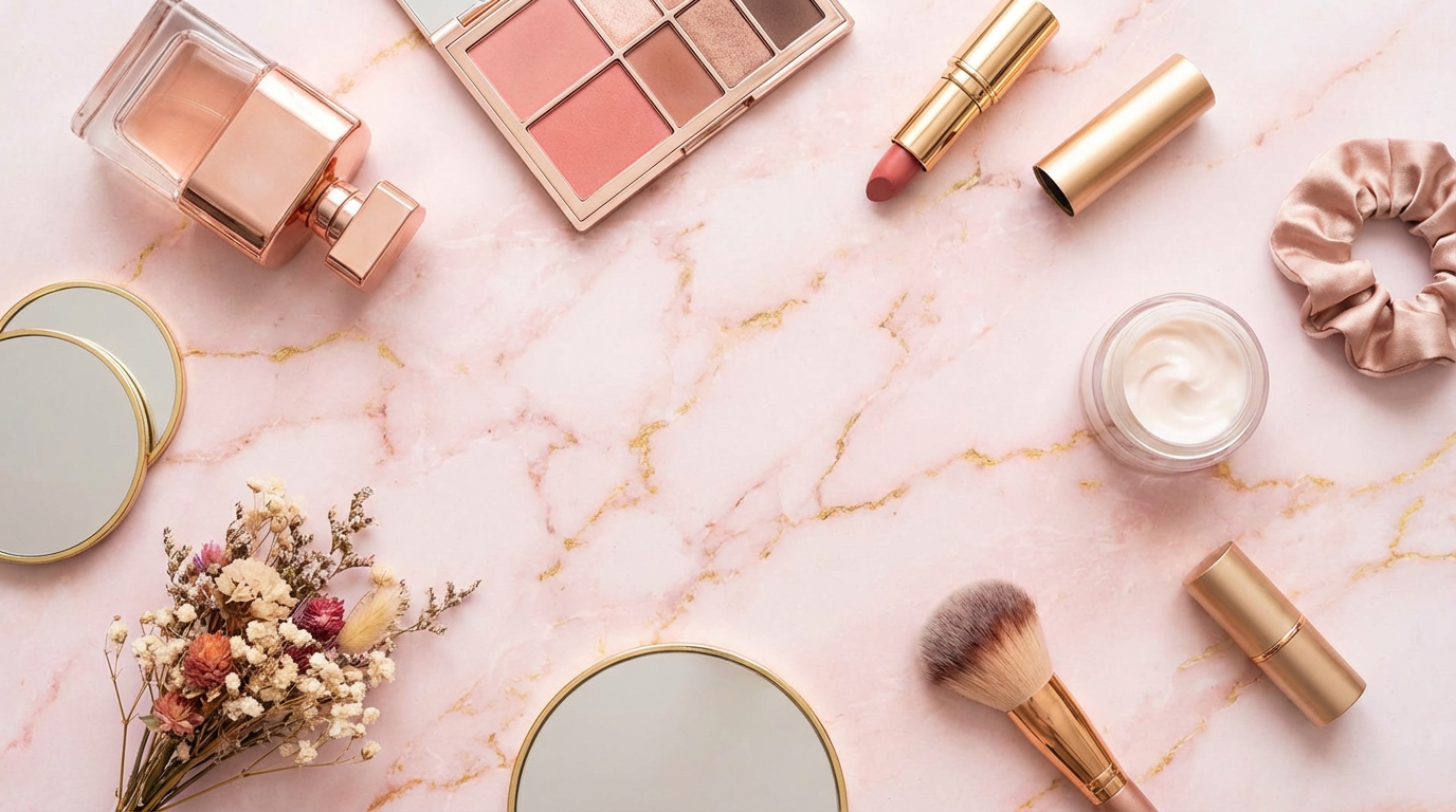 Flat lay product photography of cosmetics and beauty products on pink marble with gold accents