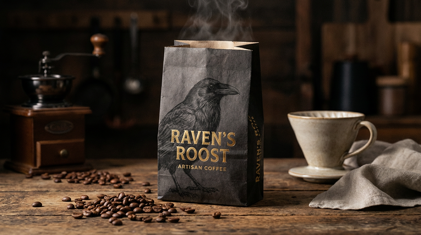 Professional food product photography of artisan coffee packaging with scattered beans and steam