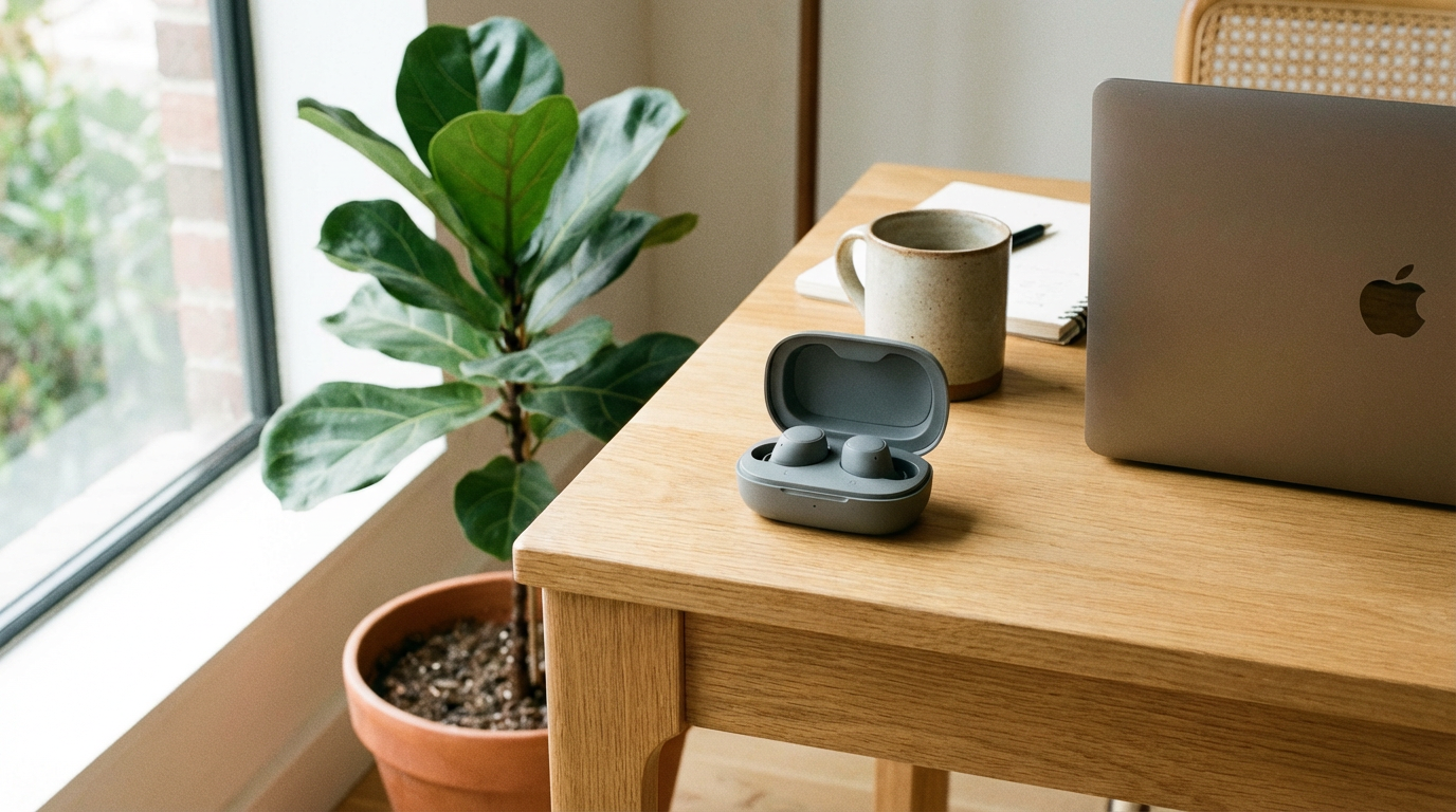 Product lifestyle photography of wireless earbuds on minimalist desk setup with plants and natural window light